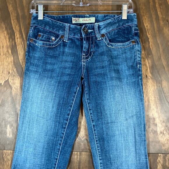 BKE Womens Jeans Blue Capris Denim Starlite Whiskered Heavy Stitching 25 - Picture 2 of 11